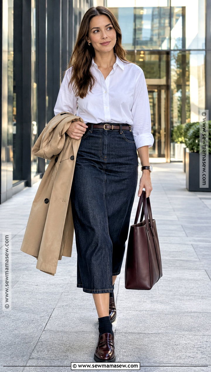 Denim Midi Skirt With White Button Down And Loafers - 20 denim midi skirt outfit fall ideas