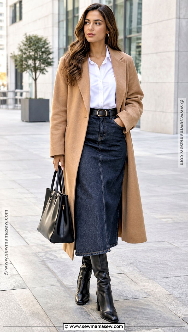 Denim Midi Skirt With White Button Down Shirt - 20 Denim Skirt Outfits Fall