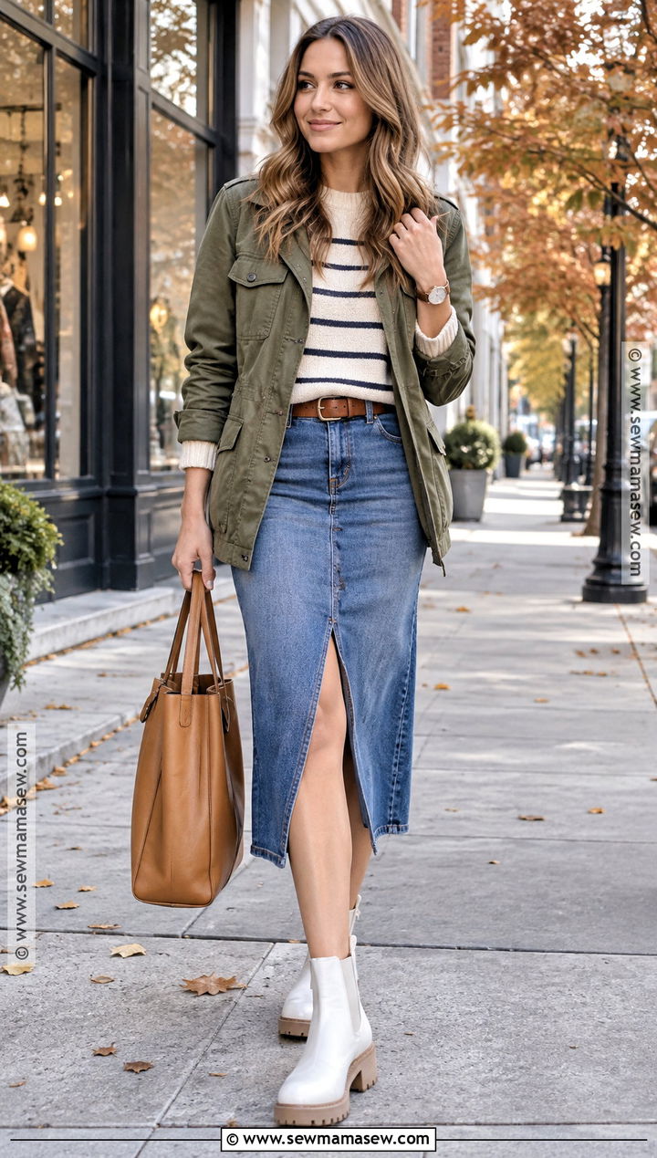 Denim Midi Skirt With White Chelsea Boots - 20 Fall Outfits With White Boots
