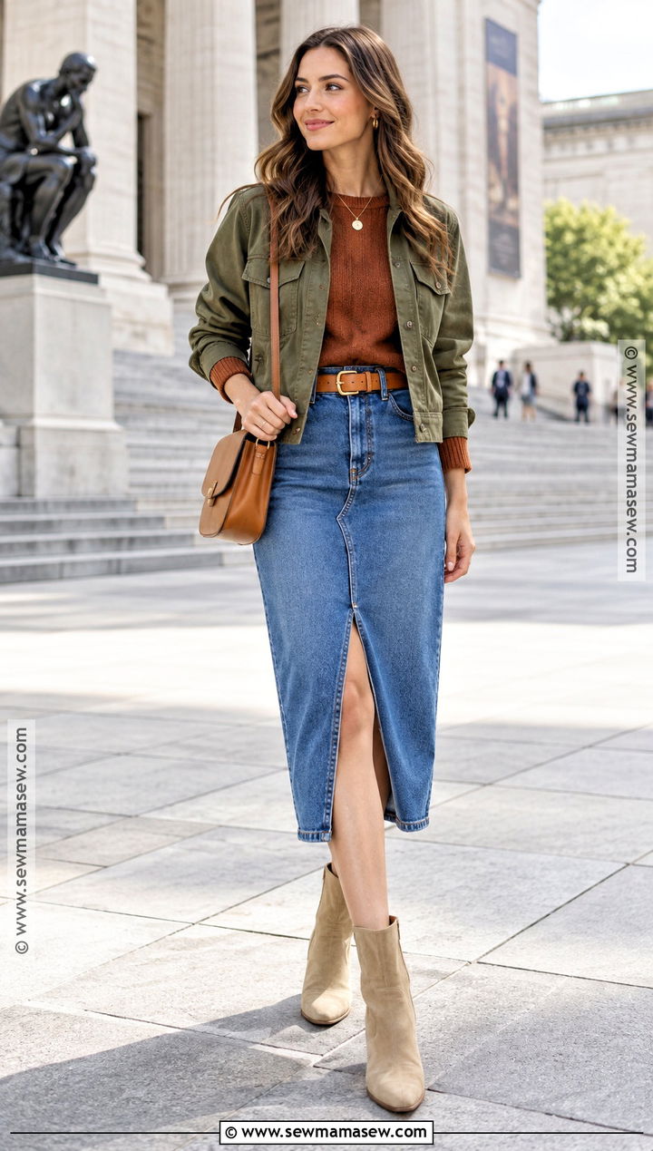 Denim Midi Skirt and Beige Ankle Boots - 15 Beige Ankle Boots Fall