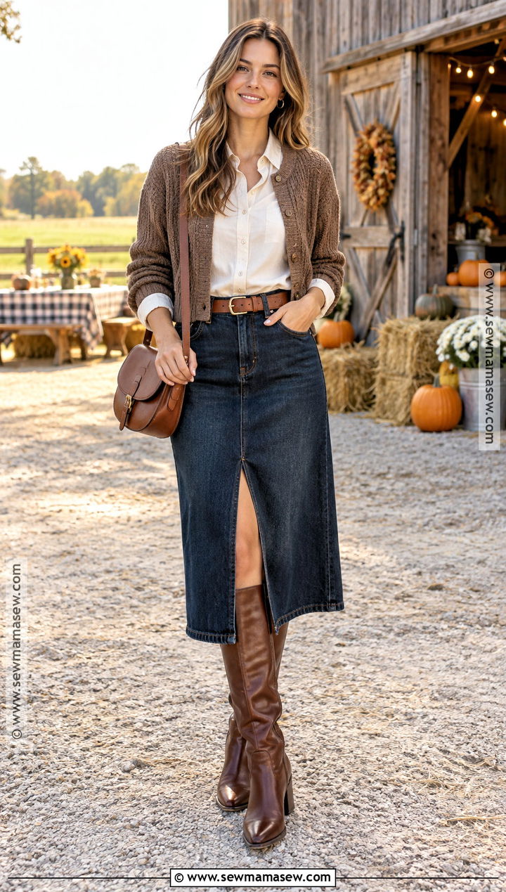 Denim Midi Skirt and Button Down Fall Harvest Party Outfit - 15 Fall Harvest Party Attire Ideas