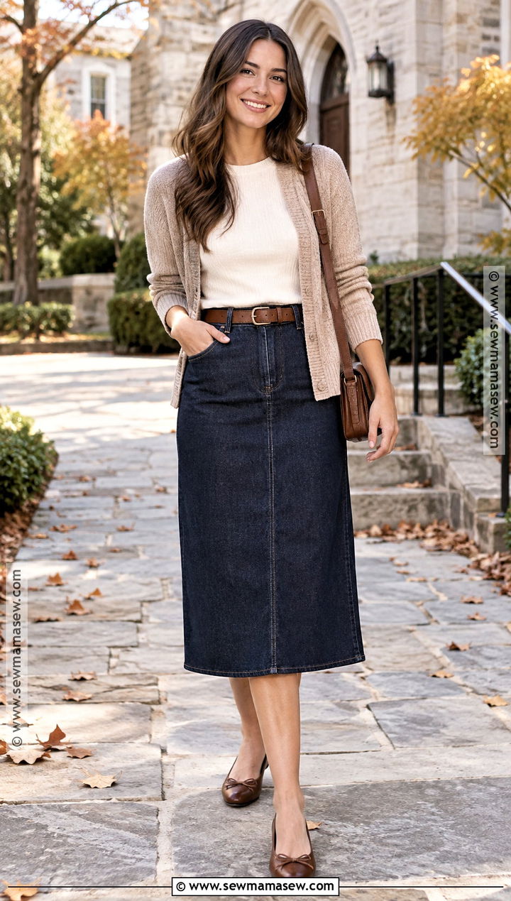 Denim Midi Skirt and Cardigan Church Outfit - 25 fall church outfit ideas