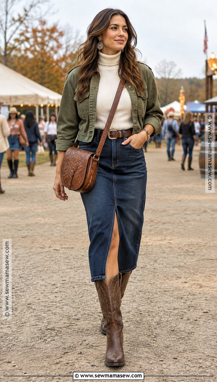 Denim Midi Skirt and Knit Top Country Festival Outfit - 20 country festival outfit fall ideas