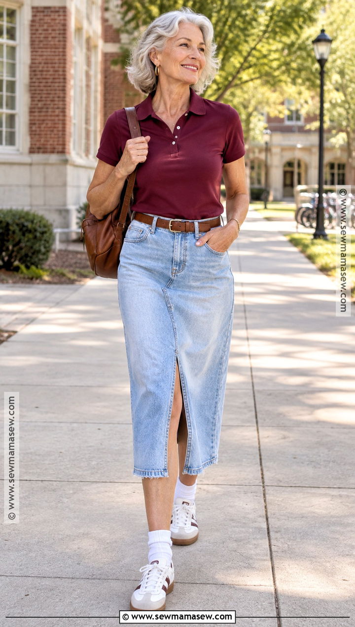 Denim Midi Skirt and Polo Outfit - 20 back to school outfits highschool senior