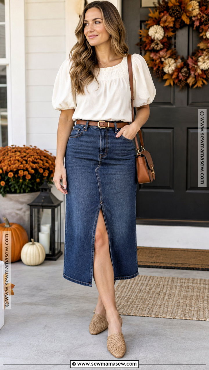 Denim Midi Skirt and Puff Sleeve Top Thanksgiving Outfit - 15 thanksgiving outfit for warm weather ideas