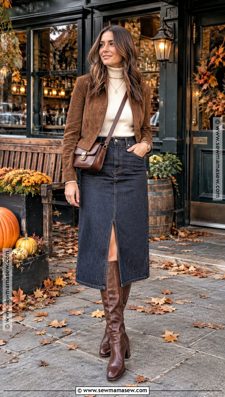 Denim Midi Skirt and Turtleneck Autumn Pub Outfit - 20 autumn pub outfit ideas