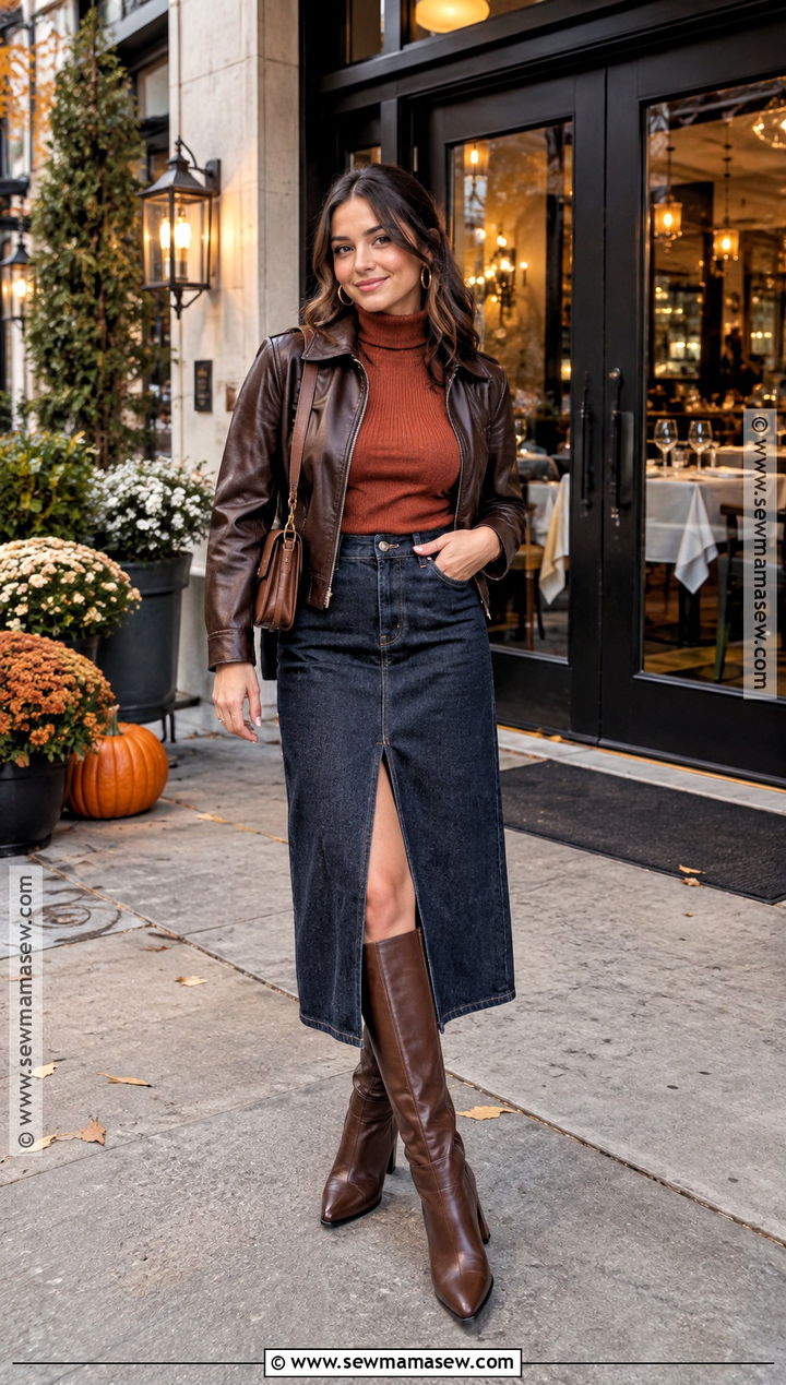 Denim Midi Skirt and Turtleneck Fall Dinner Date Outfit - 20 casual dinner date outfit fall ideas