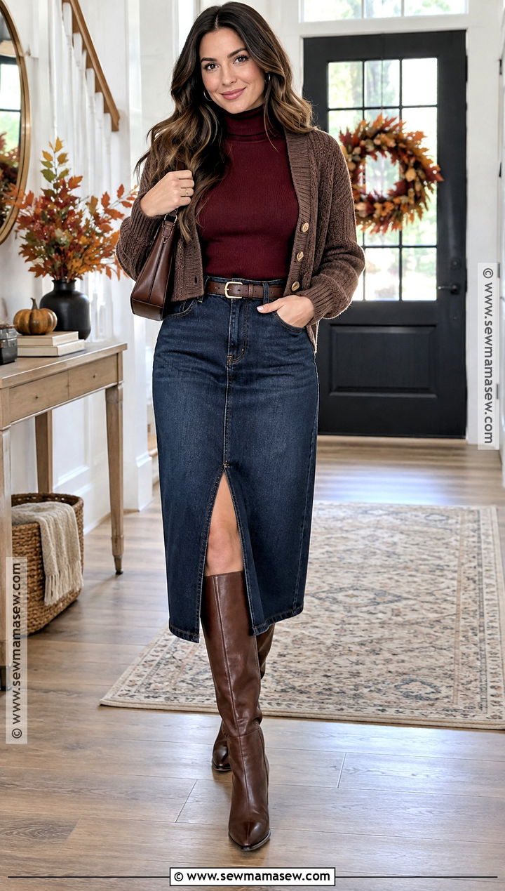 Denim Midi Skirt and Turtleneck Thanksgiving Outfit - 25 thanksgiving day outfits for women