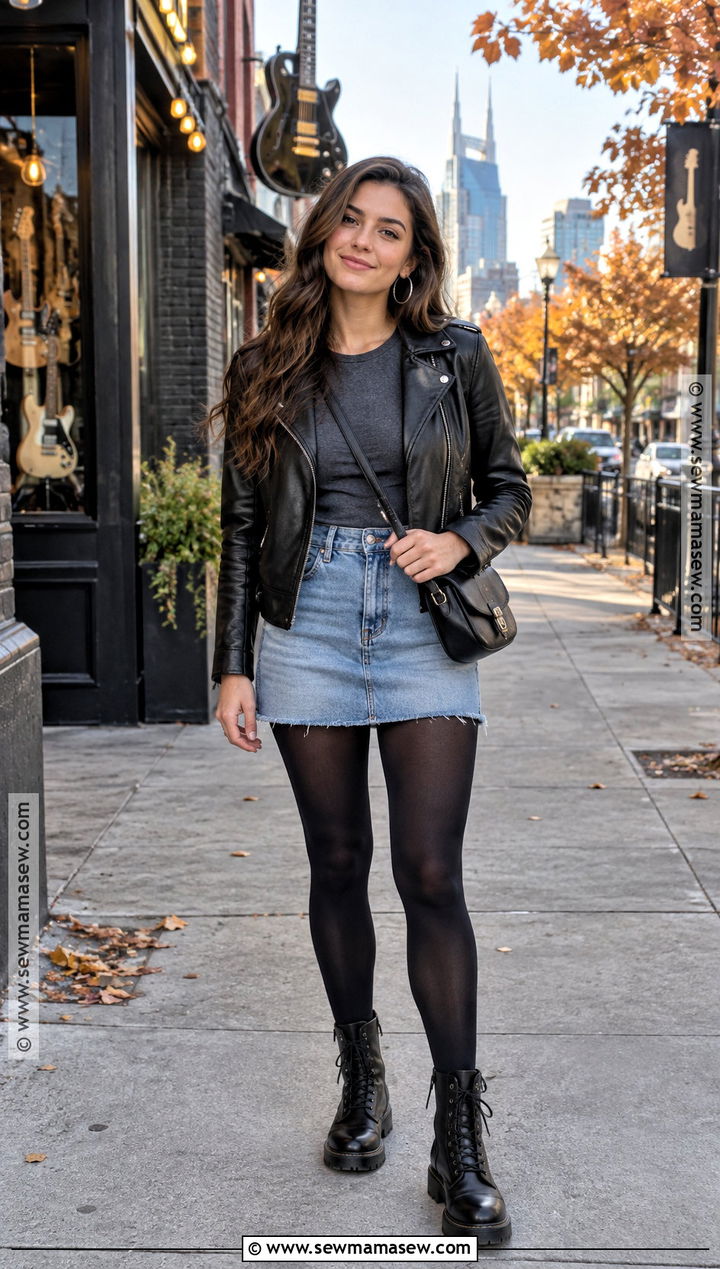 Denim Mini Skirt With Leather Jacket And Combat Boots - 25 denim mini skirt outfit fall ideas