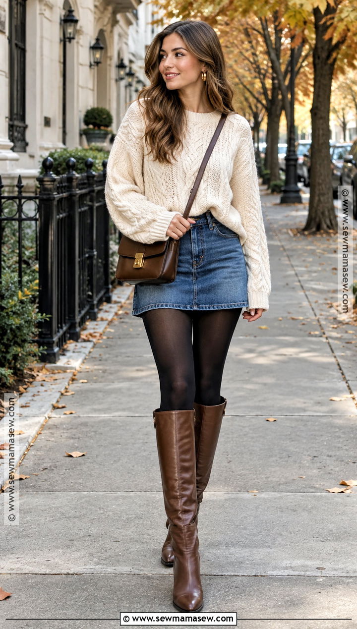 Denim Mini Skirt With Oversized Sweater And Knee High Boots - 25 denim skirt outfit fall ideas