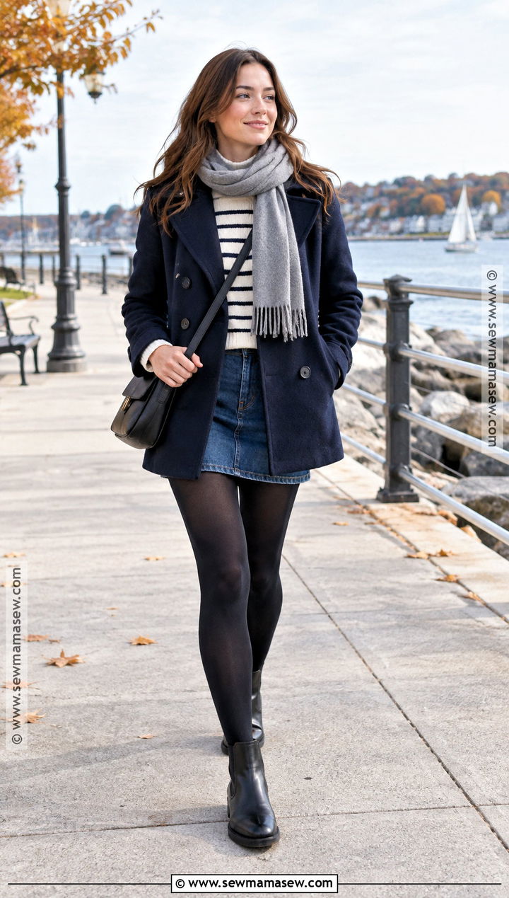 Denim Mini Skirt With Peacoat And Chelsea Boots - 25 denim mini skirt outfit fall ideas