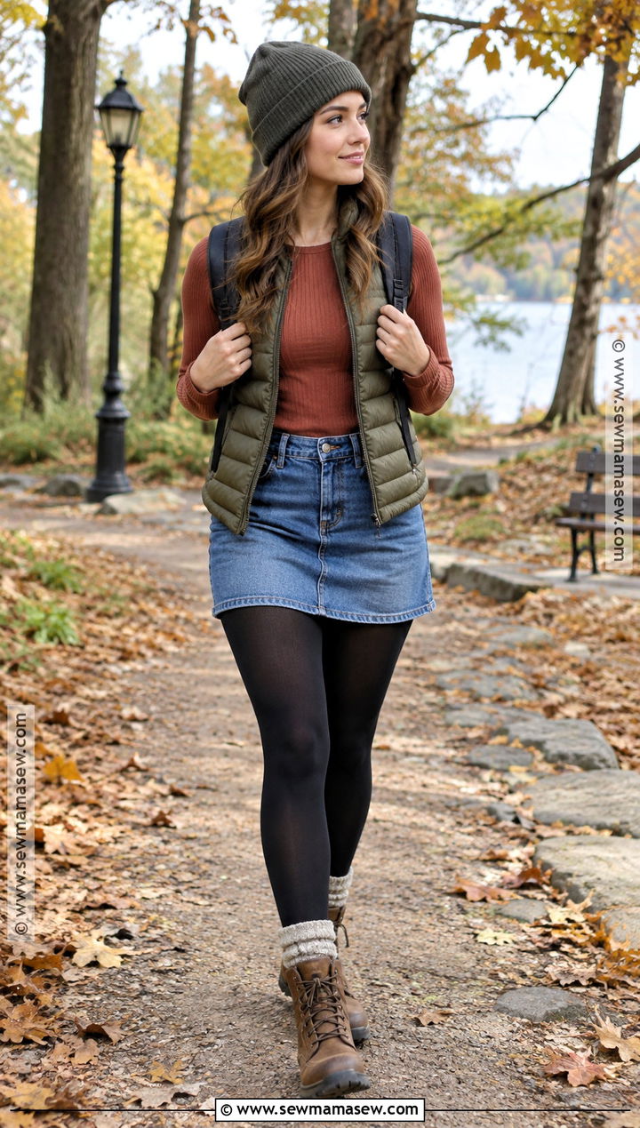 Denim Mini Skirt With Puffer Vest And Hiking Boots - 25 denim skirt fall outfits