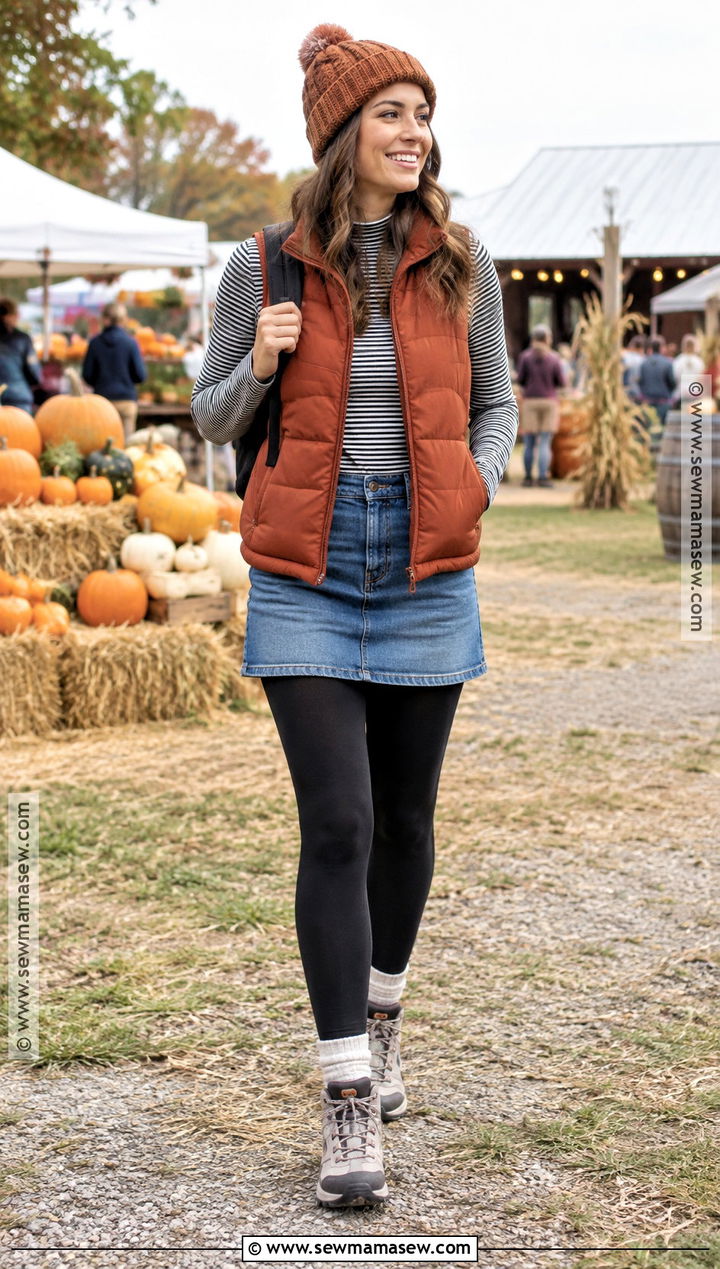 Denim Mini Skirt With Puffer Vest And Hiking Sneakers - 25 denim skirt outfit fall ideas