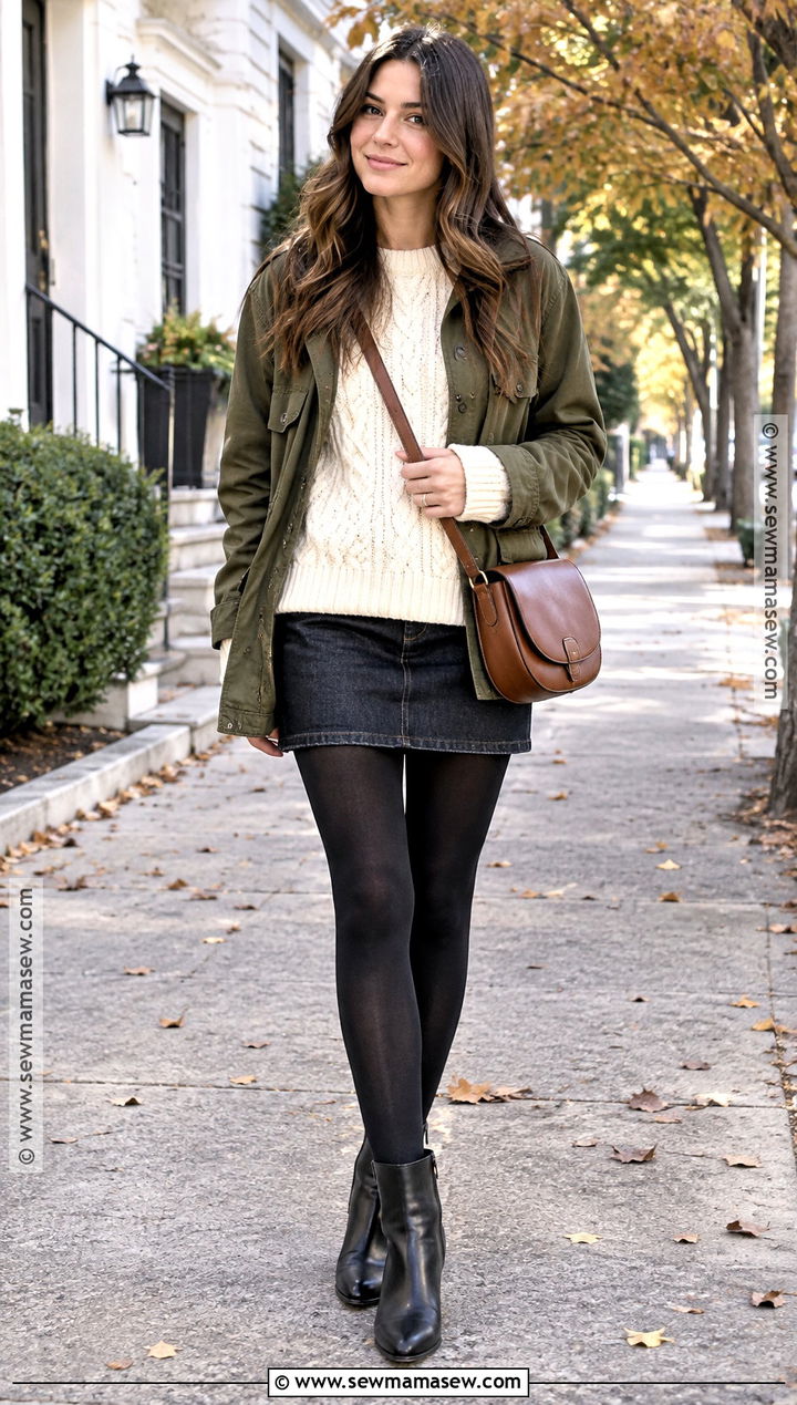 Denim Mini Skirt With Tights And Ankle Boots - 15 fall skirt tights outfit ideas