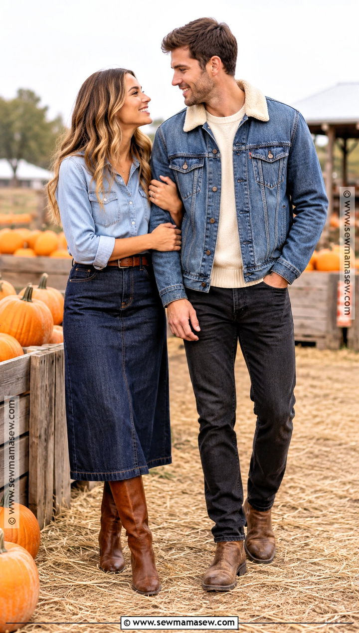 Denim On Denim Pumpkin Patch Couple Outfit - 25 Pumpkin Patch Couple Outfit Ideas