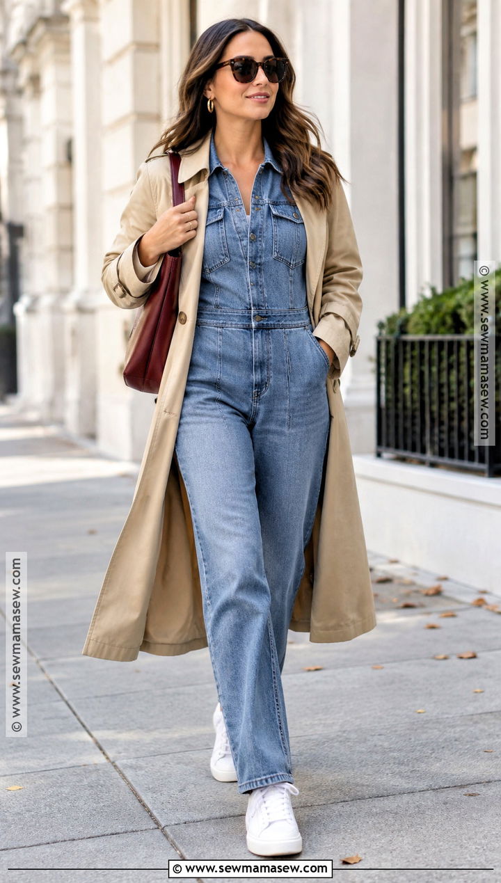 Denim Onesie With Trench Coat and Sneakers - 15 onesie fall outfit ideas