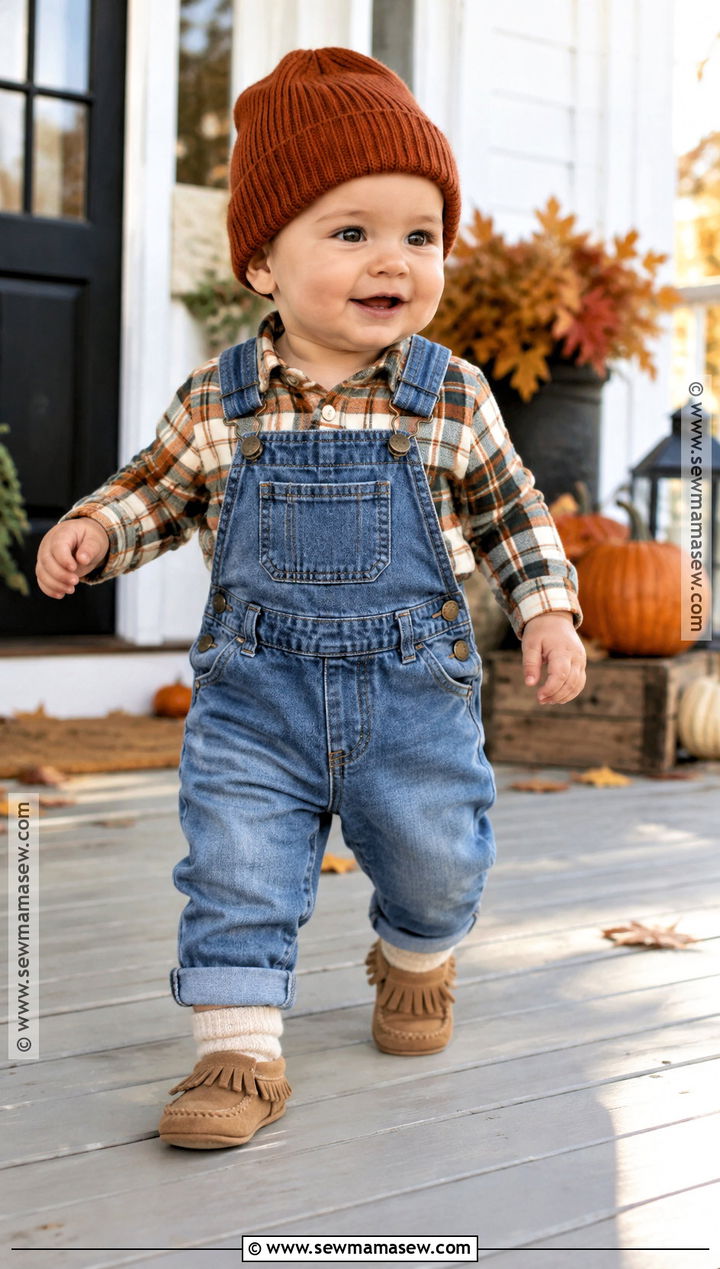 Denim Overall And Plaid Bodysuit Outfit - 15 Baby First Thanksgiving Outfit Ideas