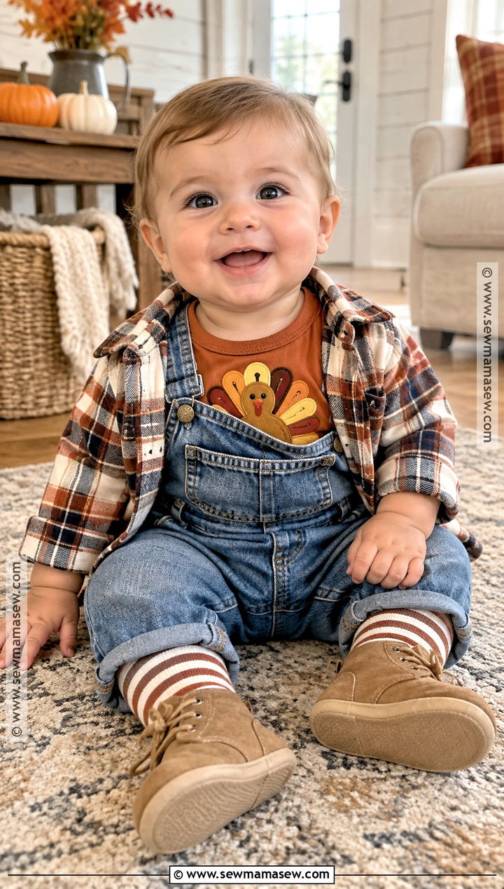Denim Overall And Turkey Shirt Outfit - 20 baby thanksgiving outfit ideas for boys