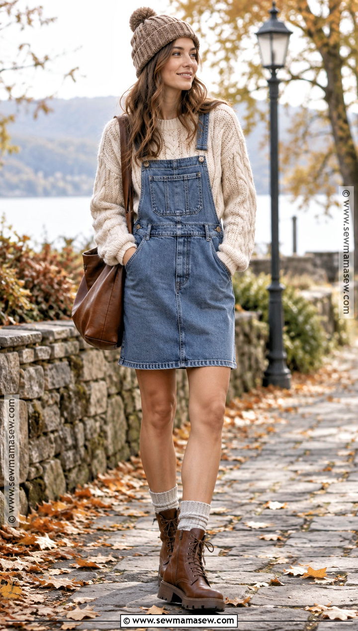Denim Overall Dress With Chunky Sweater - 20 overall dress outfit fall ideas