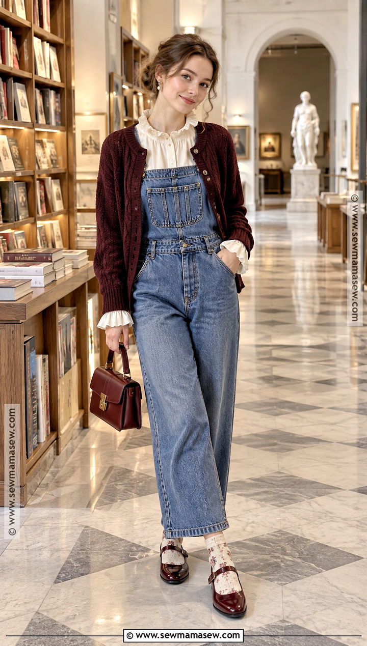 Denim Overall Outfit With Ruffle Blouse - 20 overall outfit fall ideas