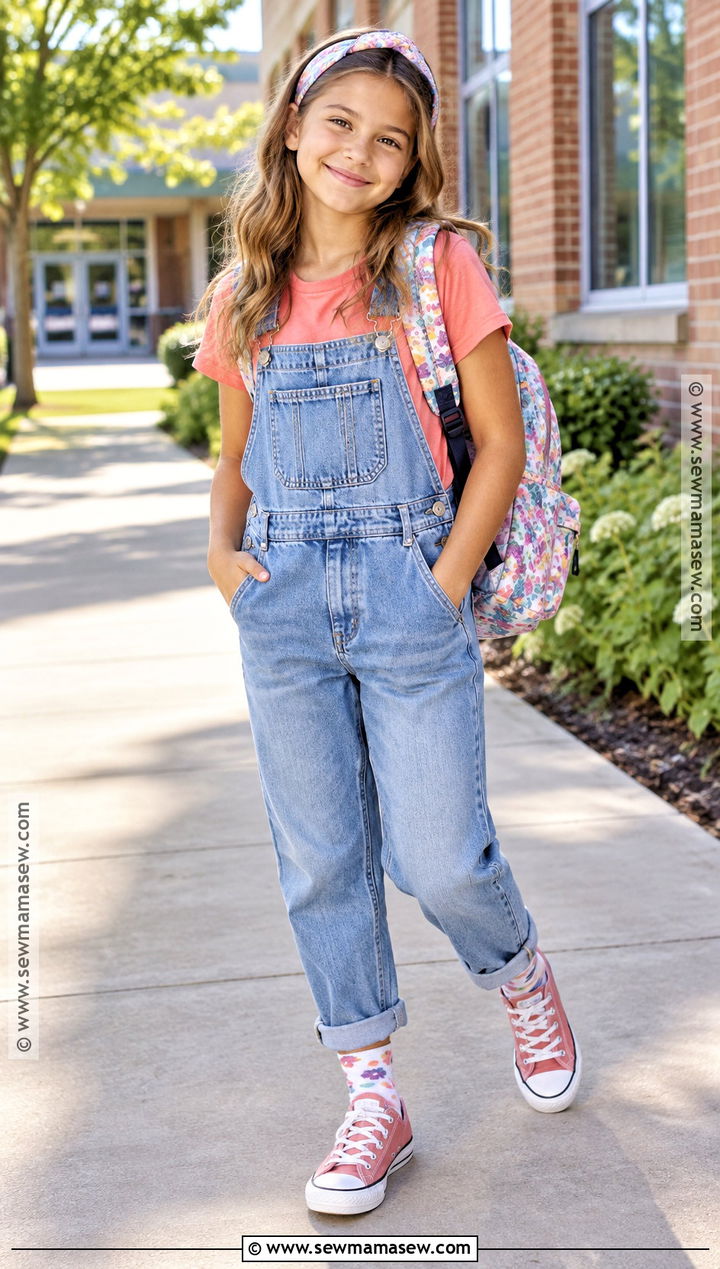 Denim Overalls And Colorful Tee School Outfit - 20 Back To School Outfits 5Th Grade for Girls