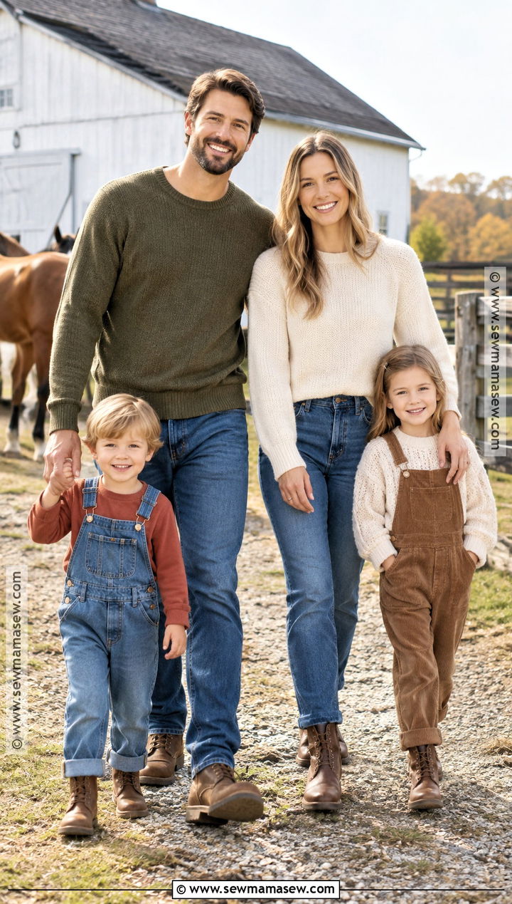 Denim Overalls And Cozy Knit Family Outfits - 20 denim fall family photos ideas
