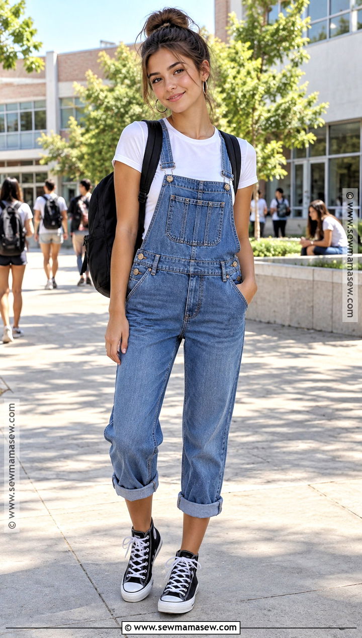 Denim Overalls And Fitted T Shirt Summer School Outfit - 25 summer back to school outfits