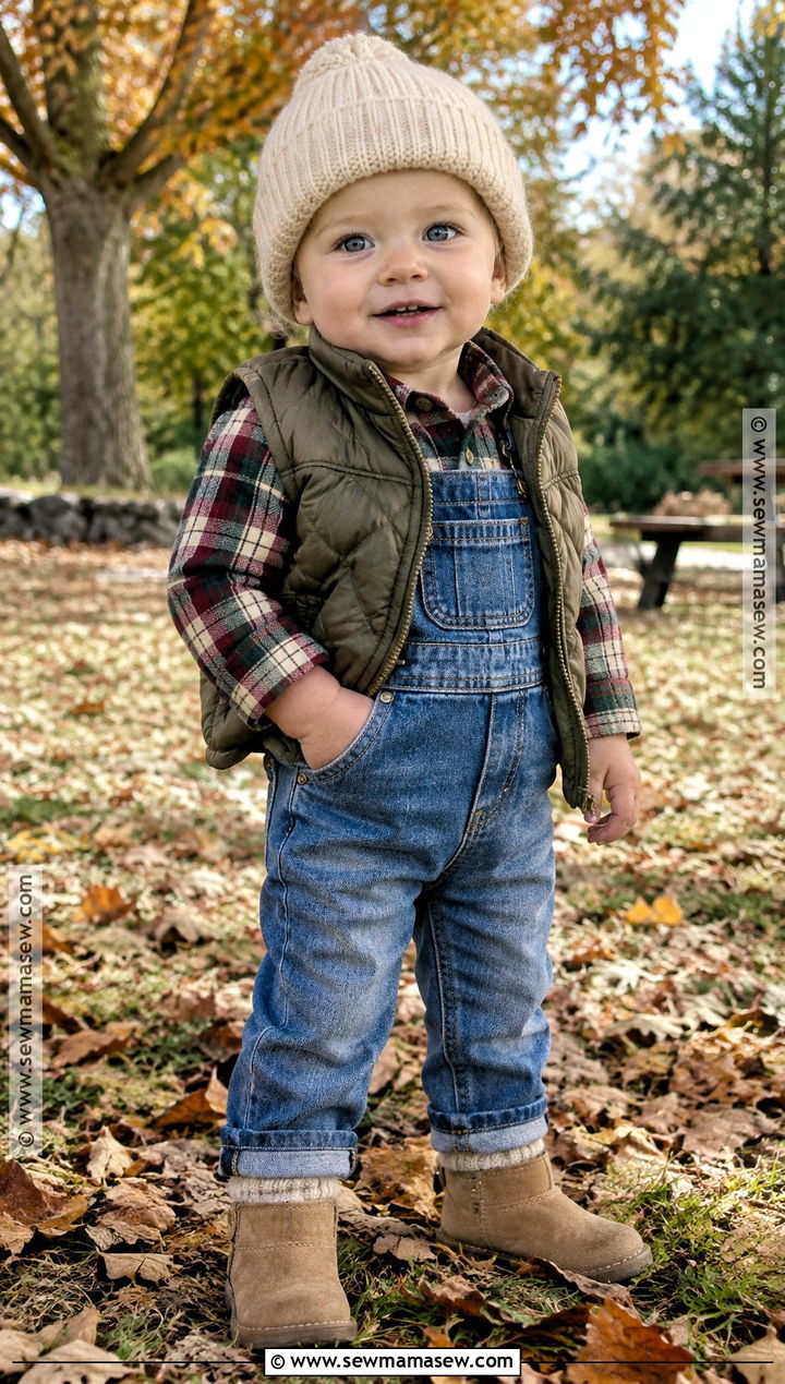 Denim Overalls And Flannel Baby Outfit - 15 autumn themed baby clothes