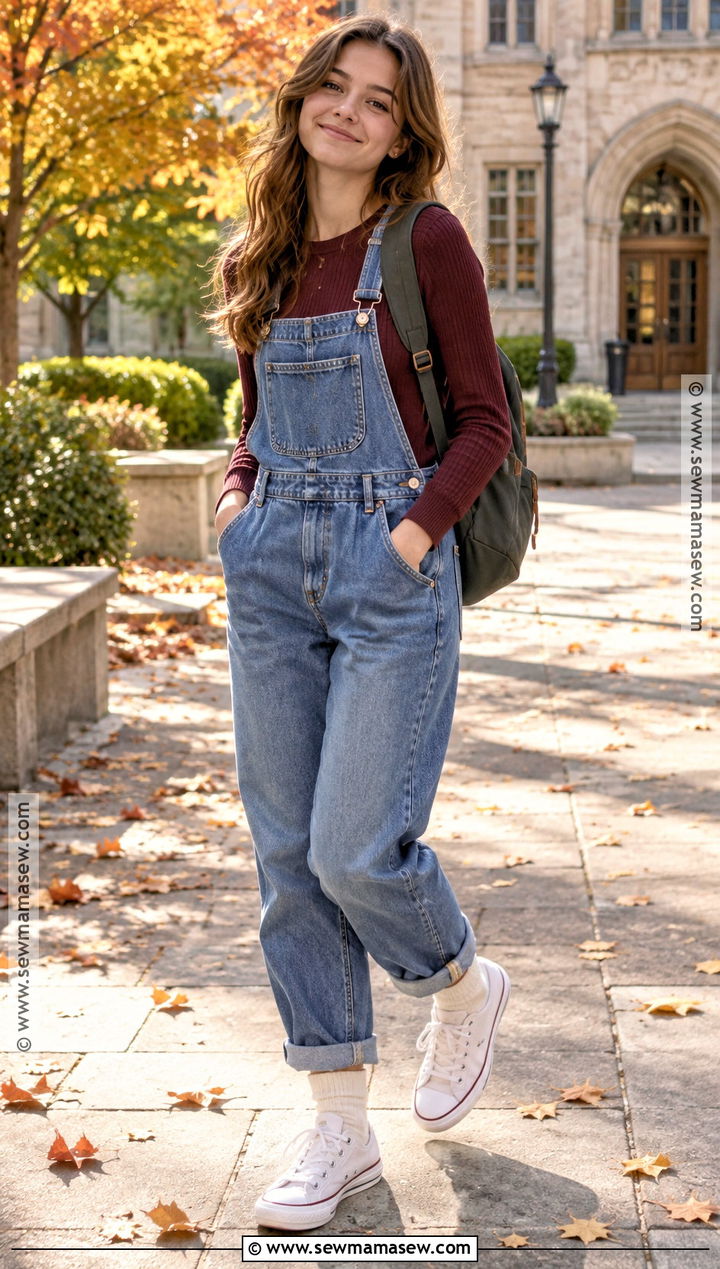 Denim Overalls And Long Sleeve Shirt School Outfit - 25 cute fall outfits for school