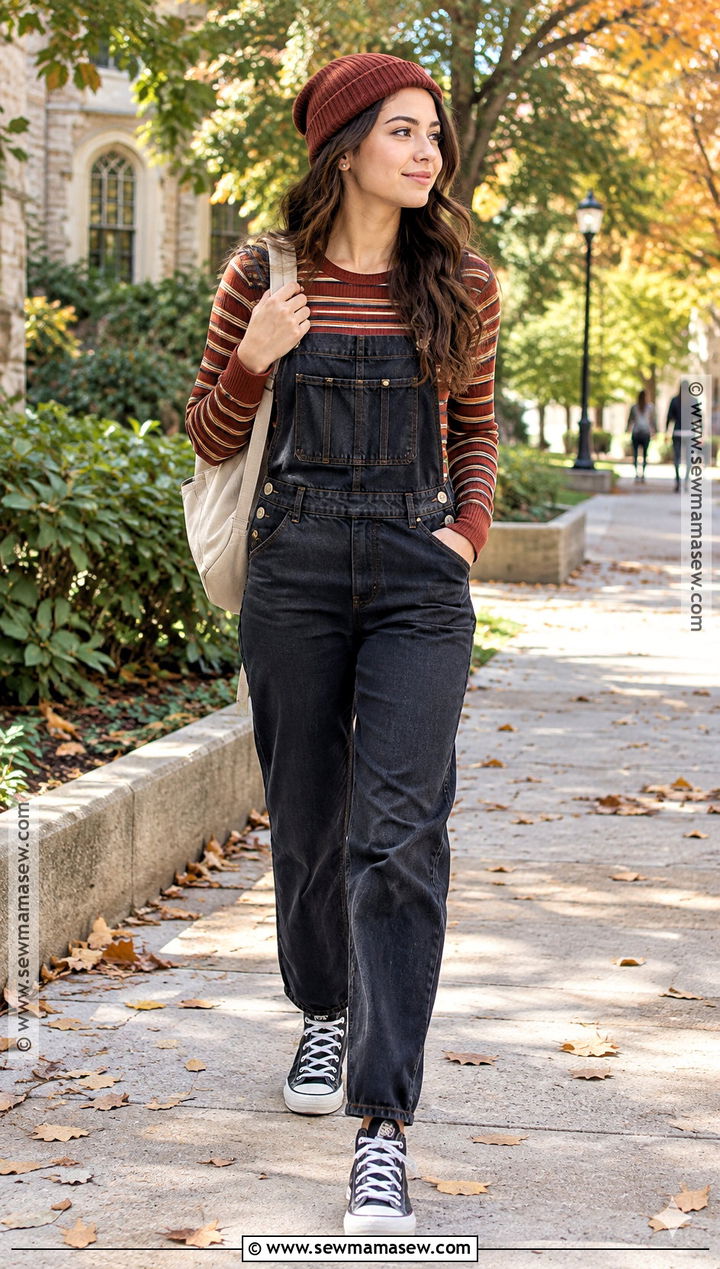 Denim Overalls And Long Sleeve Shirt School Outfit - 20 fall outfit school ideas