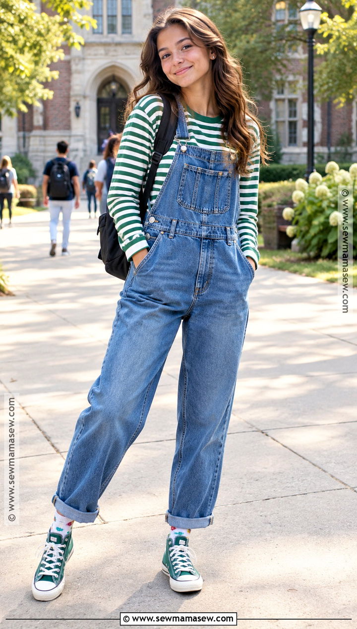 Denim Overalls And Long Sleeve T Shirt School Outfit - 15 back to school outfits dress code approved