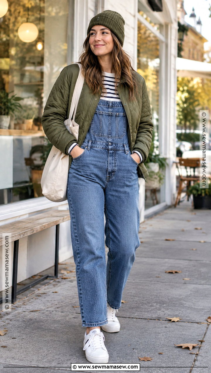 Denim Overalls And Long Sleeve Tee Fall Coffee Run Outfit - 15 coffee run outfit fall ideas
