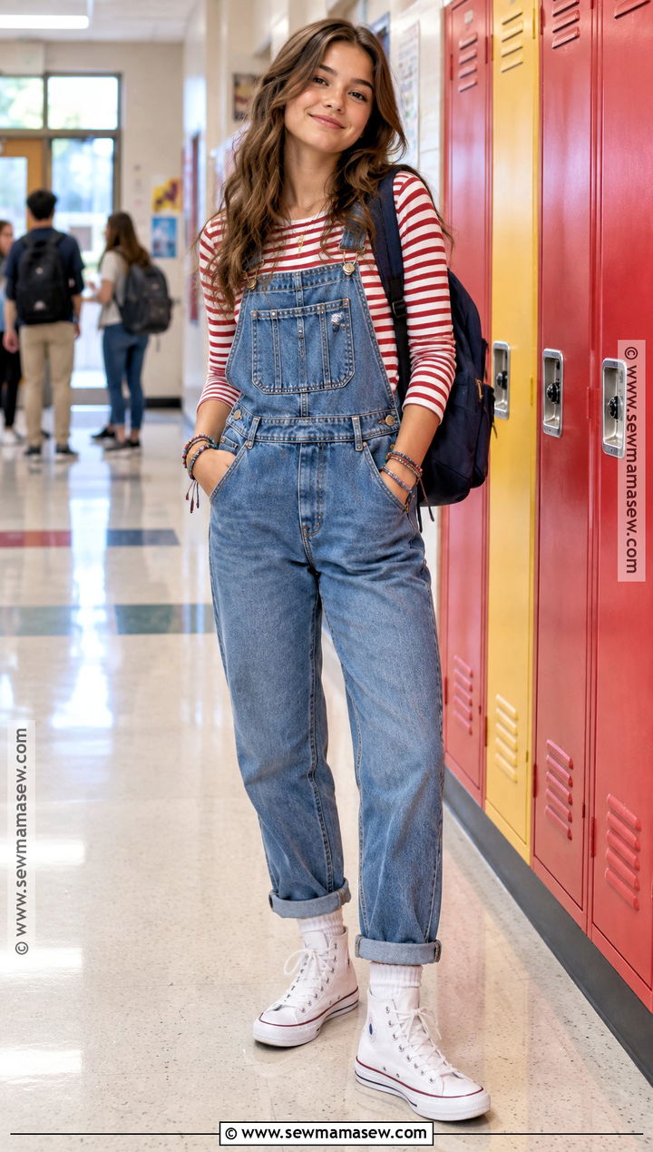 Denim Overalls And Long Sleeve Tee High School Outfit - 25 back to school fits highschool