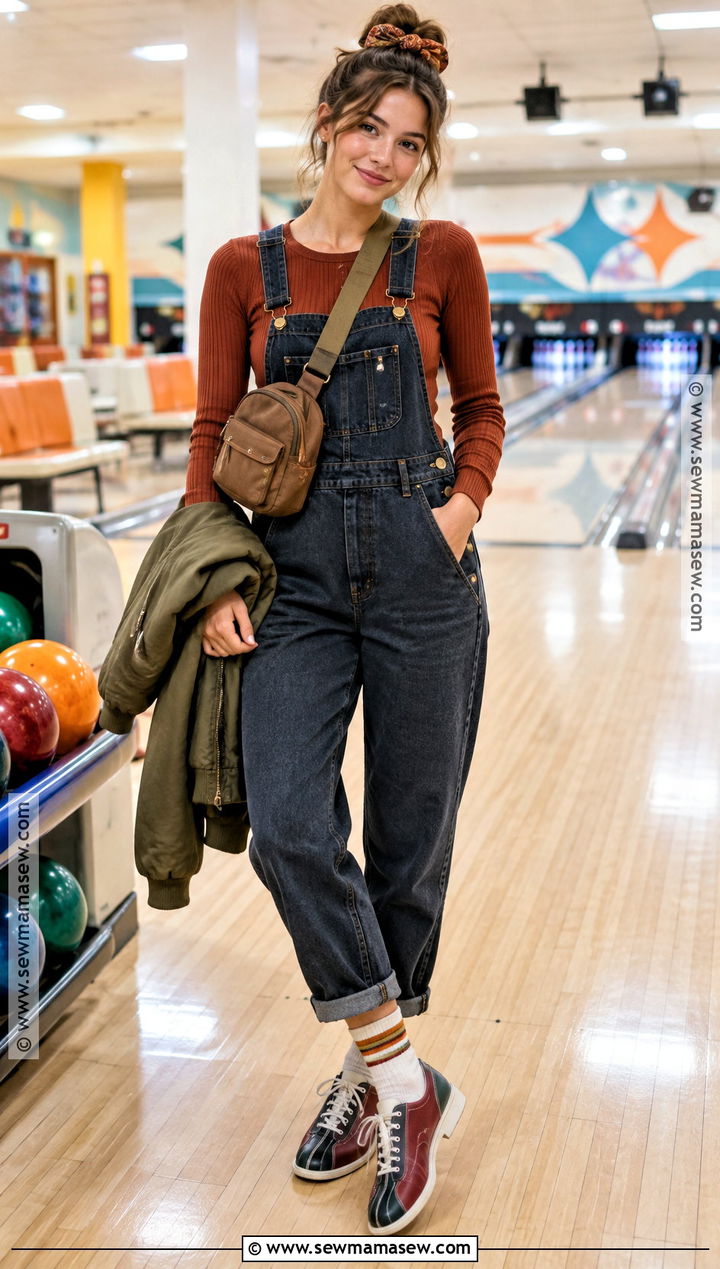 Denim Overalls And Ribbed Tee Bowling Outfit - 15 bowling outfit ideas fall
