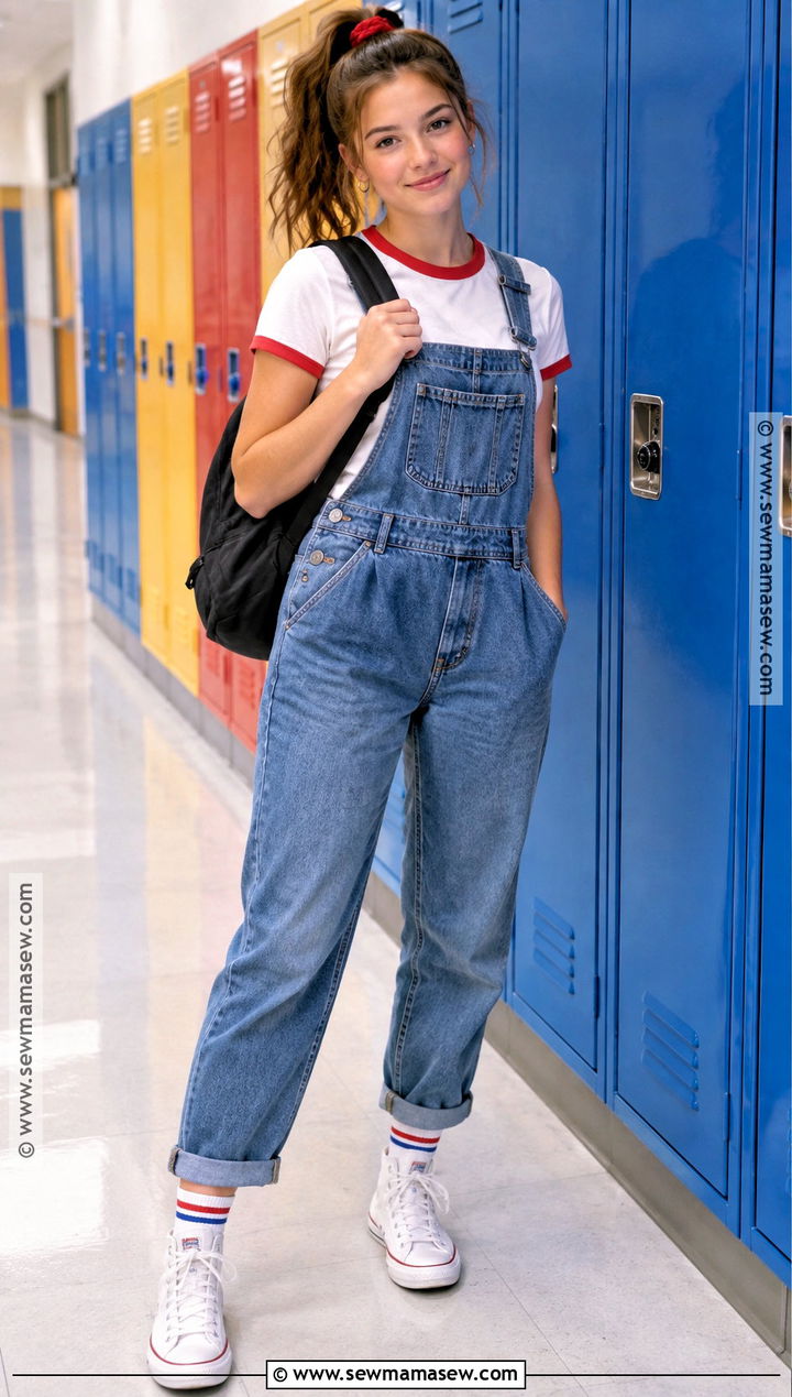 Denim Overalls And Ringer Tee 1990s School Outfit - 15 back to school vintage outfits