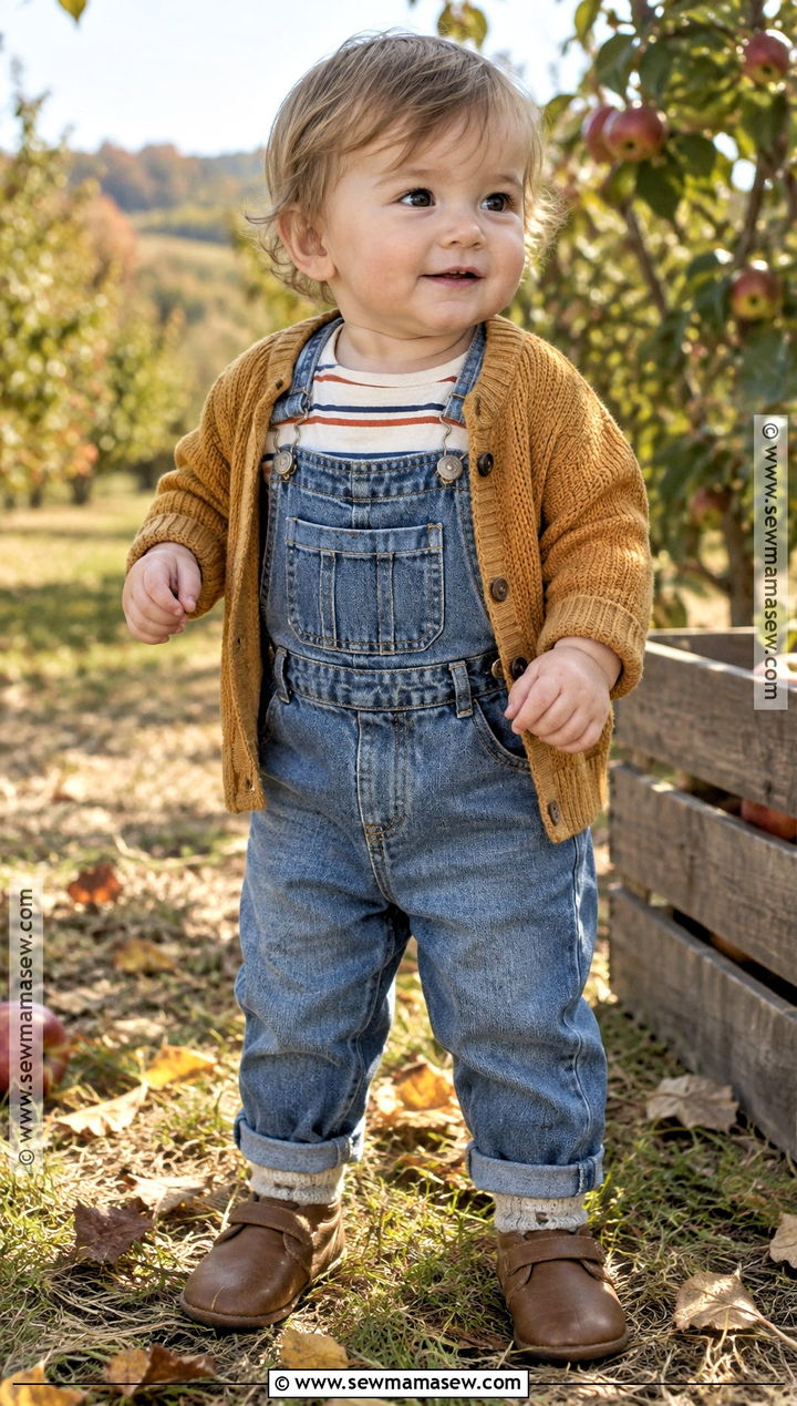Denim Overalls And Striped Bodysuit Fall Baby Outfit - 20 fall baby outfits