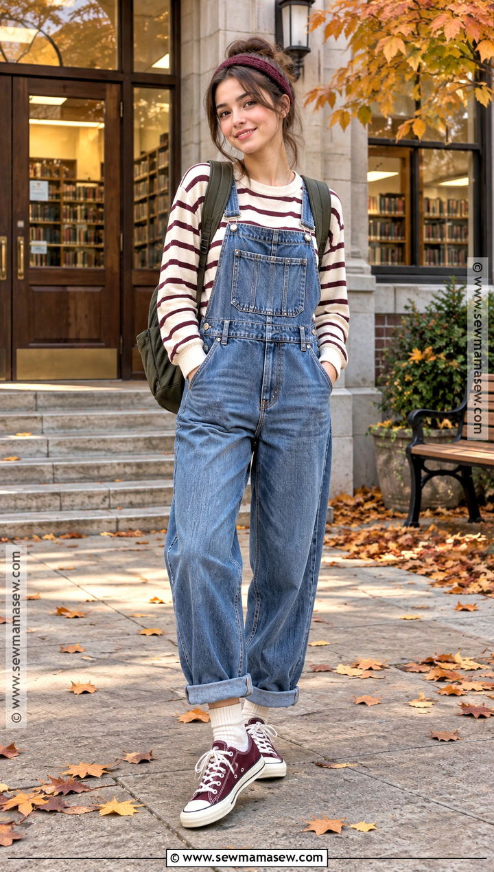 Denim Overalls And Striped Shirt School Outfit - 25 autumn outfits for school