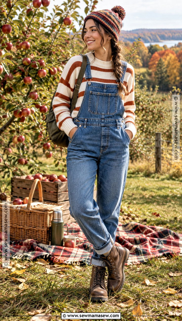 Denim Overalls And Striped Sweater Picnic Outfit - 25 fall picnic outfit ideas