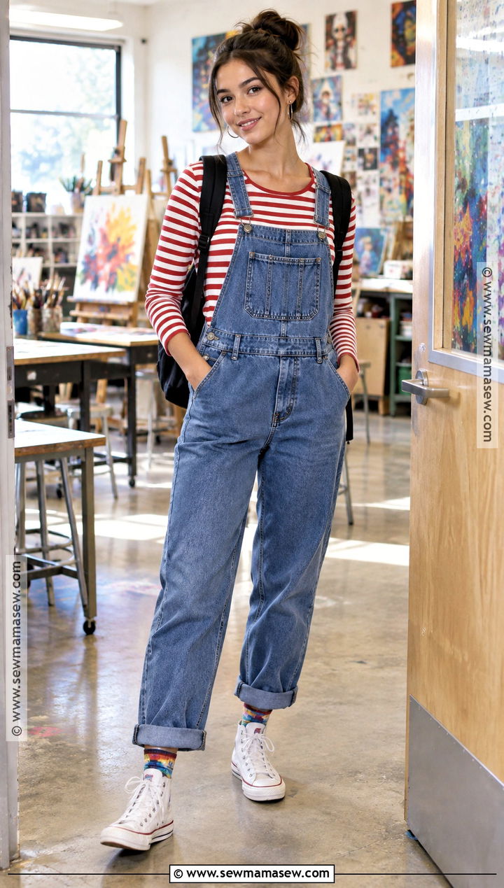 Denim Overalls And Striped T Shirt Back To School Outfit - 20 Trendy Back To School Outfits