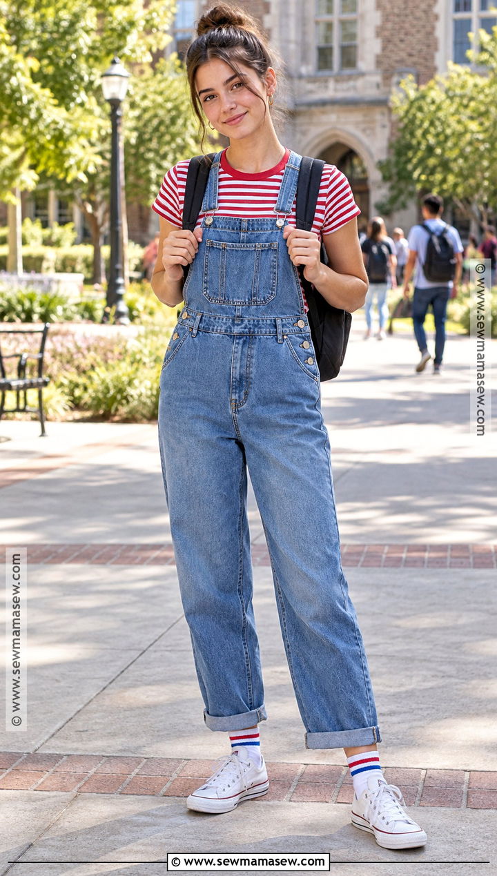 Denim Overalls And Striped T Shirt Outfit - 20 comfy back to school outfits