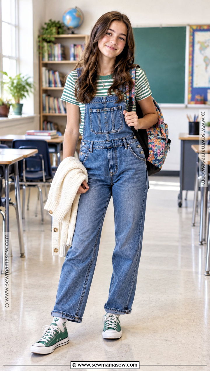 Denim Overalls And Striped Tee 8th Grade Outfit - 20 back to school outfits 8th grade for girls