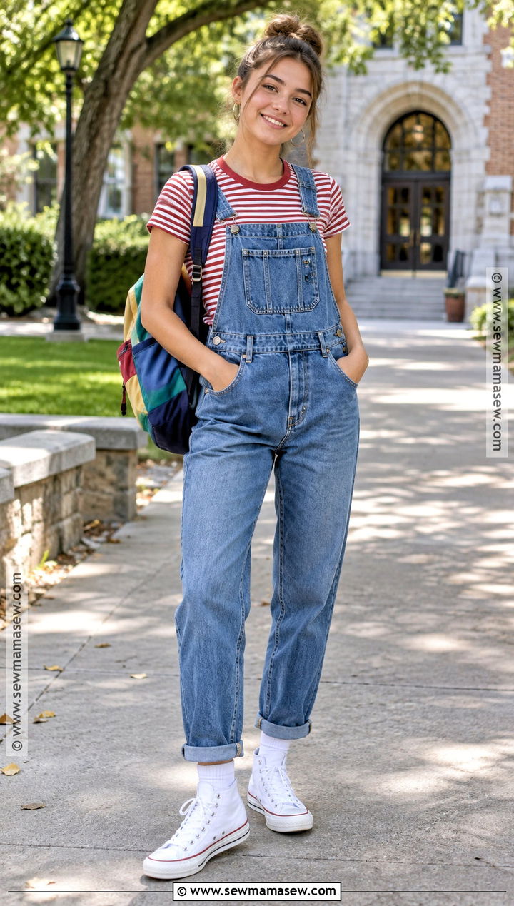 Denim Overalls And Striped Tee Back To School Outfit - 20 cute outfits for back to school