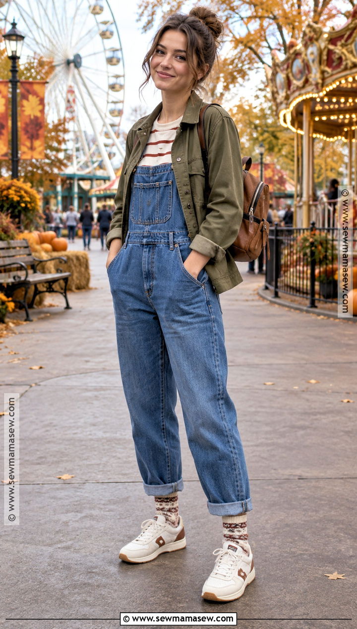 Denim Overalls And Striped Tee Fall Amusement Park Outfit - 20 fall amusement park outfit ideas