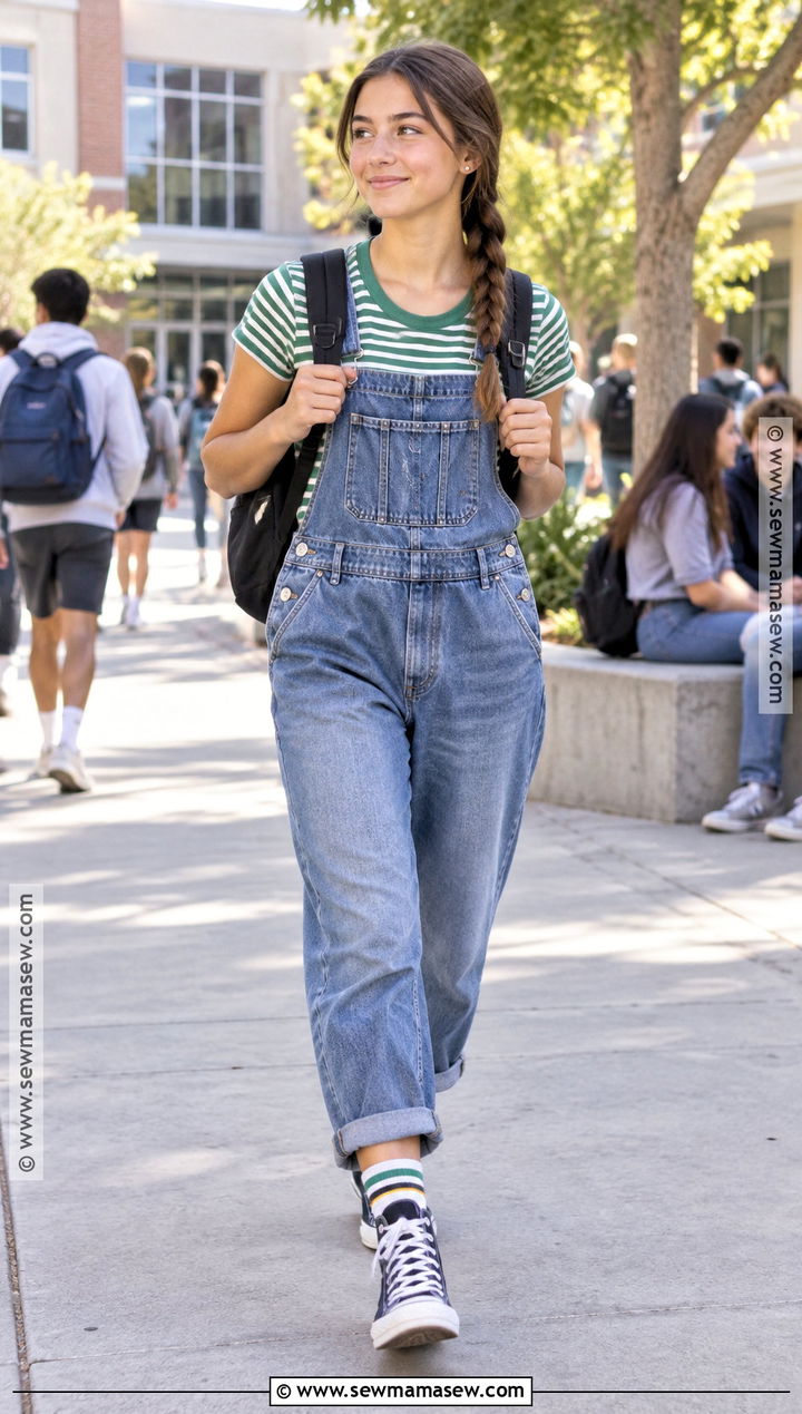 Denim Overalls And Striped Tee High School Outfit - 25 back to school outfits highschool