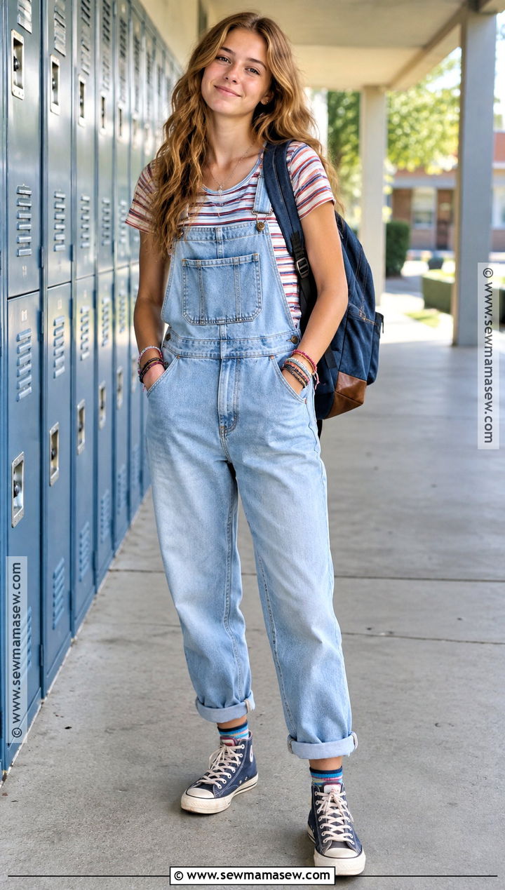Denim Overalls And Striped Tee School Outfit - 15 back to school summer outfits highschool