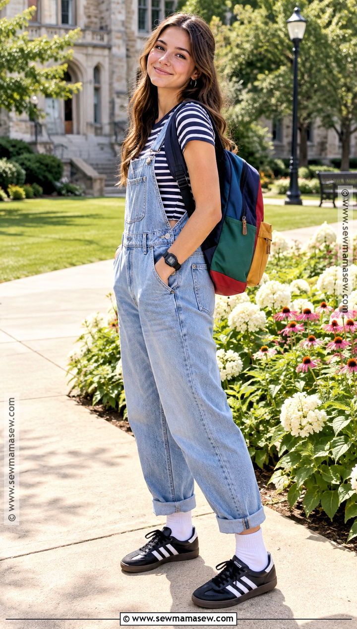 Denim Overalls And Striped Tee With Sambas - 20 Back To School Outfits Sambas