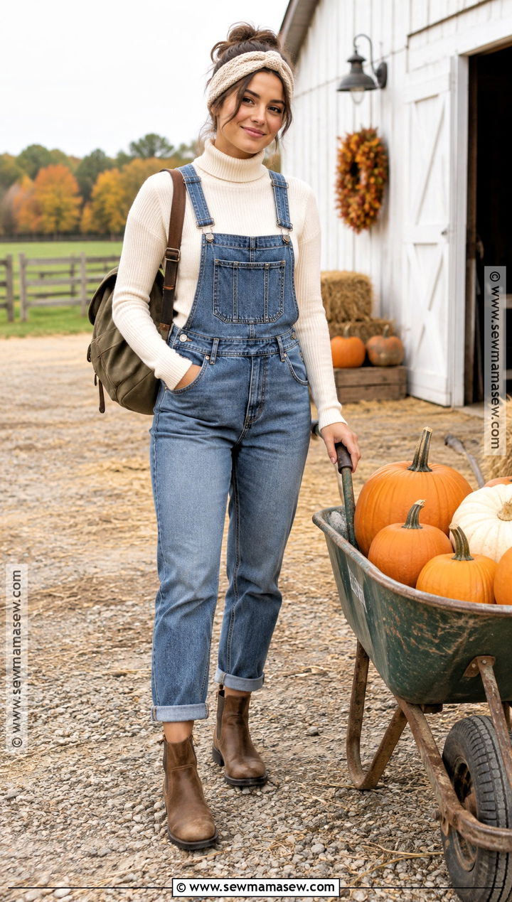 Denim Overalls And Turtleneck Outfit - 25 cute pumpkin patch outfits
