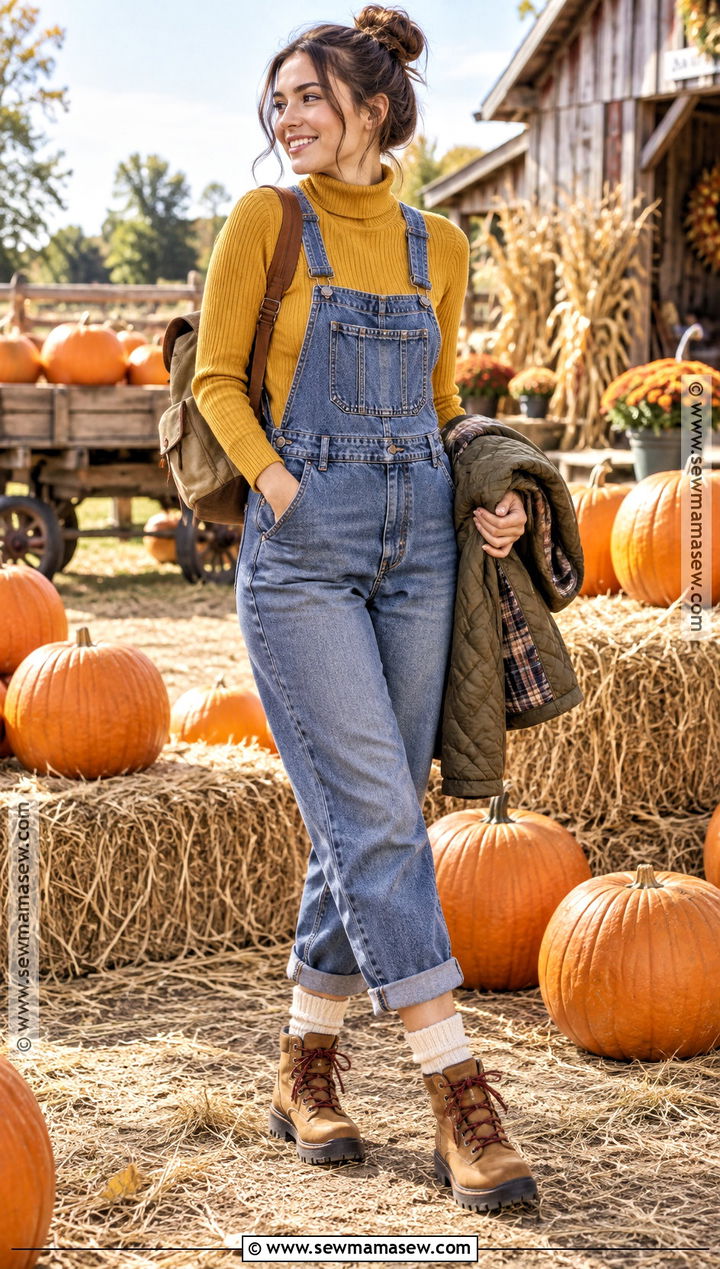 Denim Overalls And Turtleneck Pumpkin Patch Outfit - 20 Pumpkin Patch Aesthetic Outfits