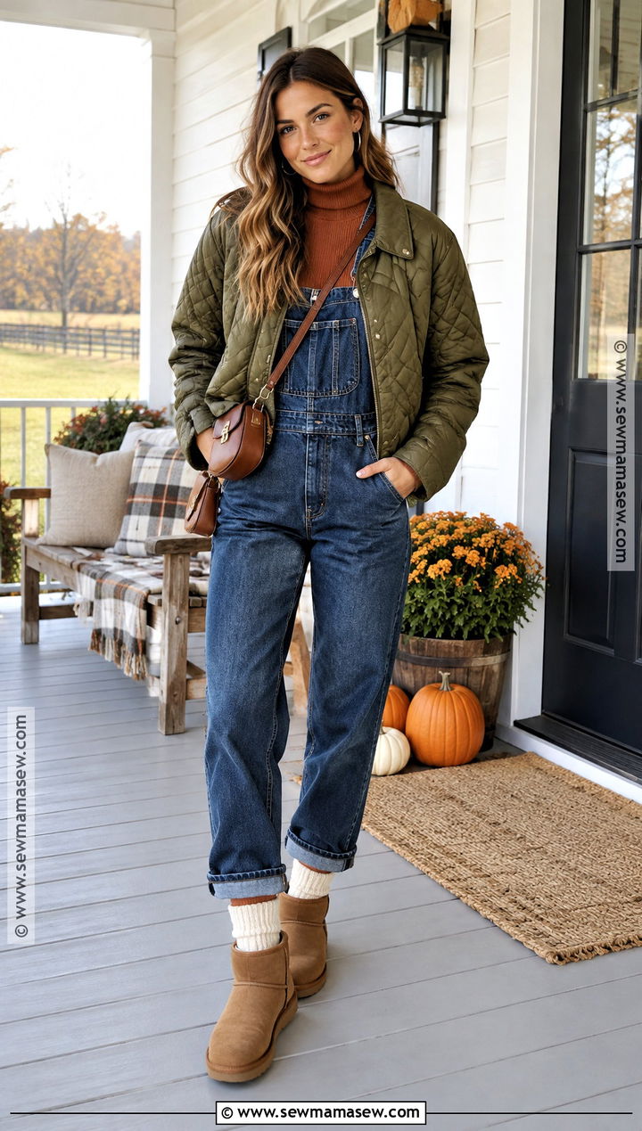 Denim Overalls And Turtleneck With Uggs - 20 Thanksgiving Outfit With Uggs Ideas