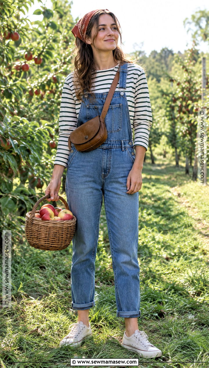 Denim Overalls Apple Picking Outfit With Striped Tee - 20 Apple Picking Outfits Fall